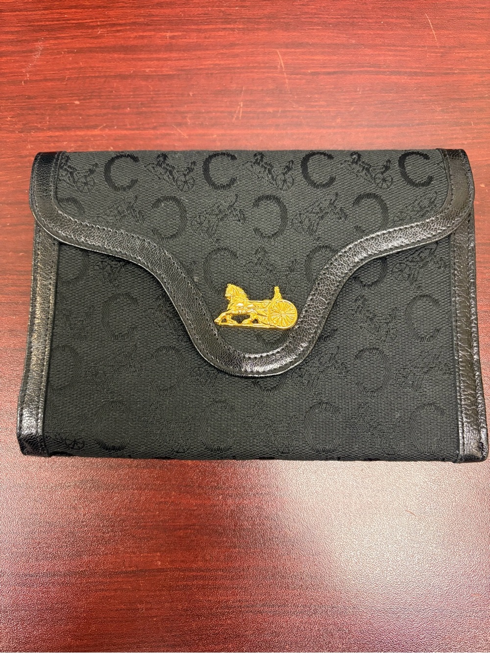 Celine Black Monogram Clutch with Gold Horse & Carriage Accent